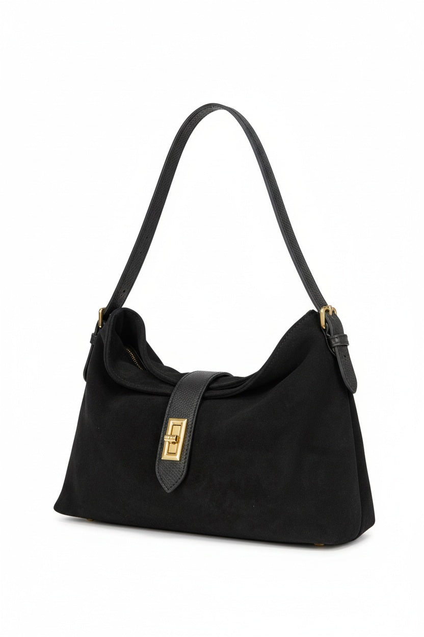 LE BORSETTE SUEDE LEATHER HANDBAG in black suede with a gold-tone rectangular turn-lock clasp and a textured Italian leather strap.