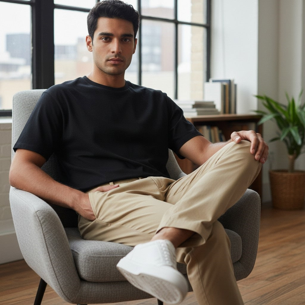 The MACK WELDON Stretch Twill Chino Pants in Sisal are crafted from cotton cavalry twill with stretch, featuring belt loops, front pockets, a button closure, and a slim fit design.