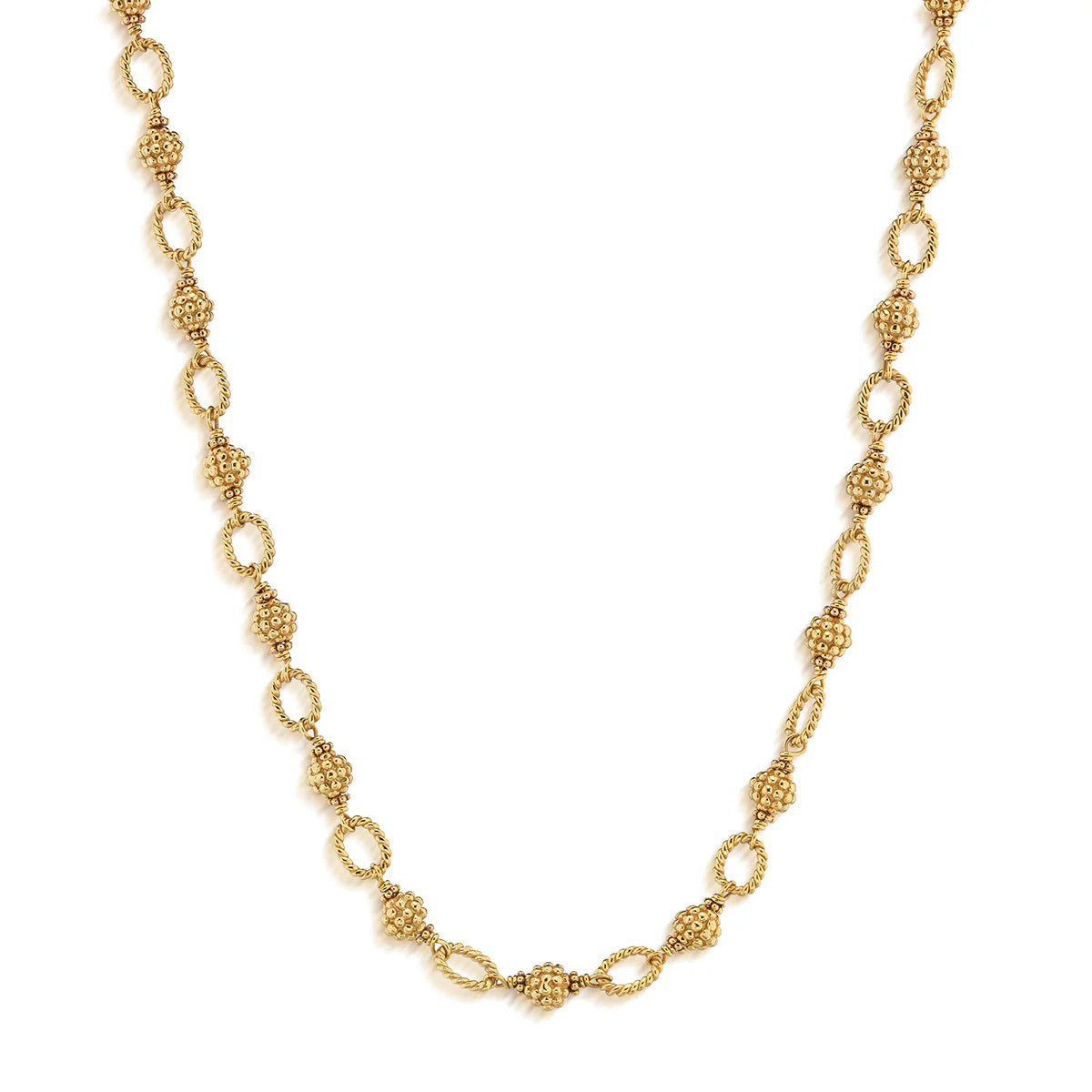 The CAPUCINE DE WULF Berry and Bead Chain Necklace features alternating textured and smooth oval links with ornate bead details, crafted in 18K gold and finished with an anti-tarnish coating, shown on a white background.