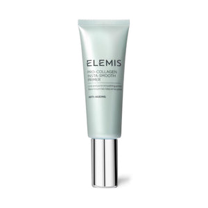 A light green tube of ELEMIS - PRO-COLLAGEN INSTA SMOOTH PRIMER by ELEMIS - STEINER with a silver cap stands upright on a white background. The label reads "Line and pore smoothing primer" and boasts the Cryo-Firming Complex for ultra-firming, anti-ageing effects. Branding is prominent.