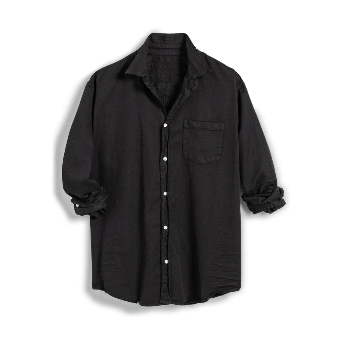 The FRANK &amp; EILEEN Luke Men's Button Up Shirt in Famous Denim Blackout features long sleeves, a chest pocket, and rolled cuffs, shown laid flat on a white background.