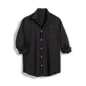 The FRANK & EILEEN Luke Men's Button Up Shirt in Famous Denim Blackout features long sleeves, a chest pocket, and rolled cuffs, shown laid flat on a white background.