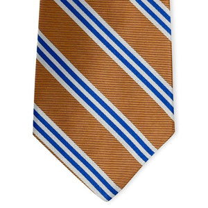 The BIRD DOG BAY - ON AIR STRIPE SILK TIE IN ORANGE & BLUE features neatly rolled silk with diagonal orange and blue stripes—a refined, stylish accessory by BIRD DOG BAY for any men's wardrobe.