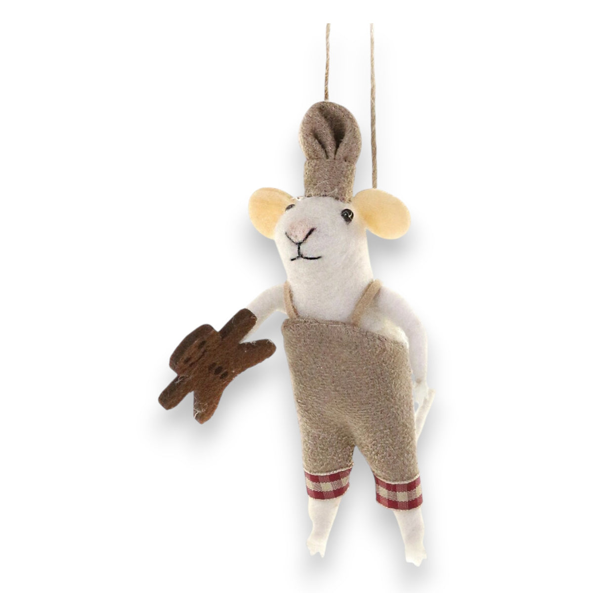 The CHRISTMAS BAKER ORNAMENT by CODY FOSTER is a plush mouse with a chef’s hat, tan apron, and red-striped pants, holding a brown oven mitt and hanging by a string—a charming handcrafted holiday decoration.