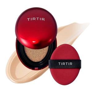 A red compact labeled "TIRTIR" displays the KOSMIC KBEAUTY SKINCARE TIRTIR - Mask Fit Red Cushion Foundation in Mini Sand, with an open hydrating cushion foundation, a matching puff, and a beige foundation swatch in the background.