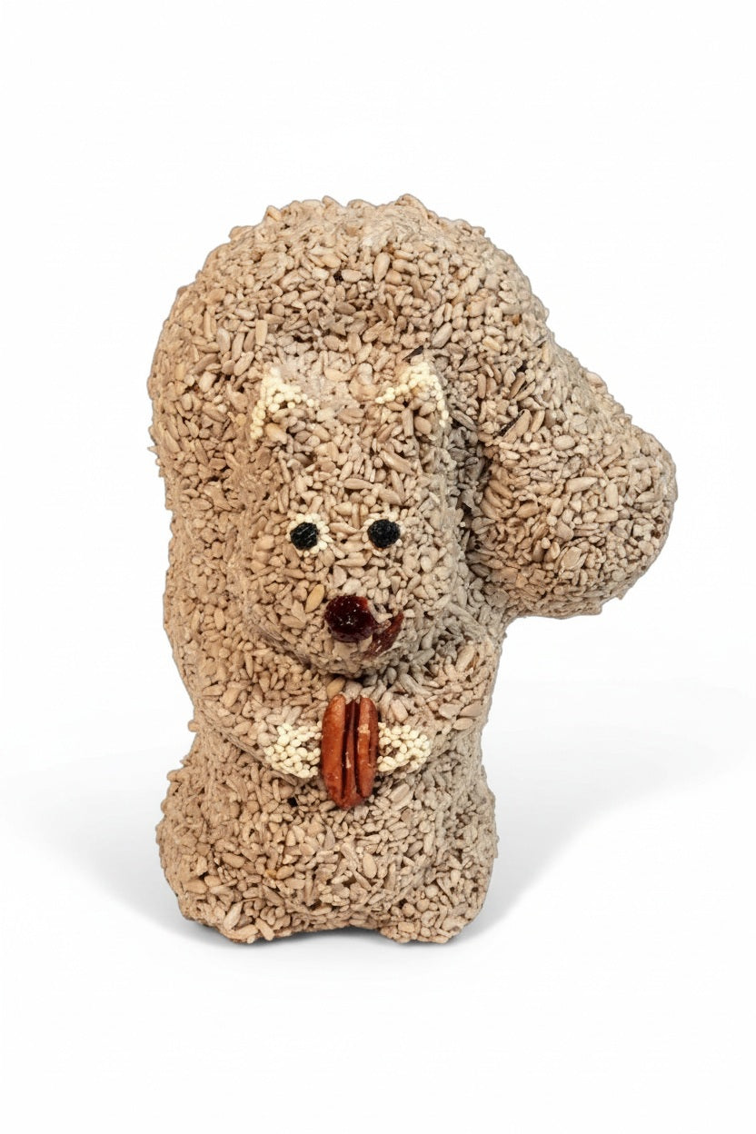 MR BIRD - NUTZO SQUIRREL bird seed ornament made of seeds and nuts, holding a pecan and hanging from a jute hanger.