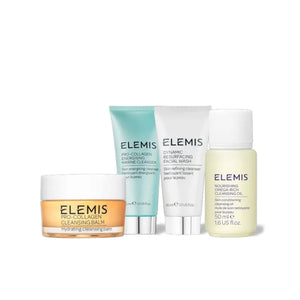 The ELEMIS - DOUBLE THE CLEAN GIFT SET by ELEMIS - STEINER includes four essentials—Pro-Collagen Cleansing Balm, Energising Marine Cleanser, Resurfacing Facial Wash, and Nourishing Omega-Rich Cleansing Oil—for a thorough double cleansing routine.