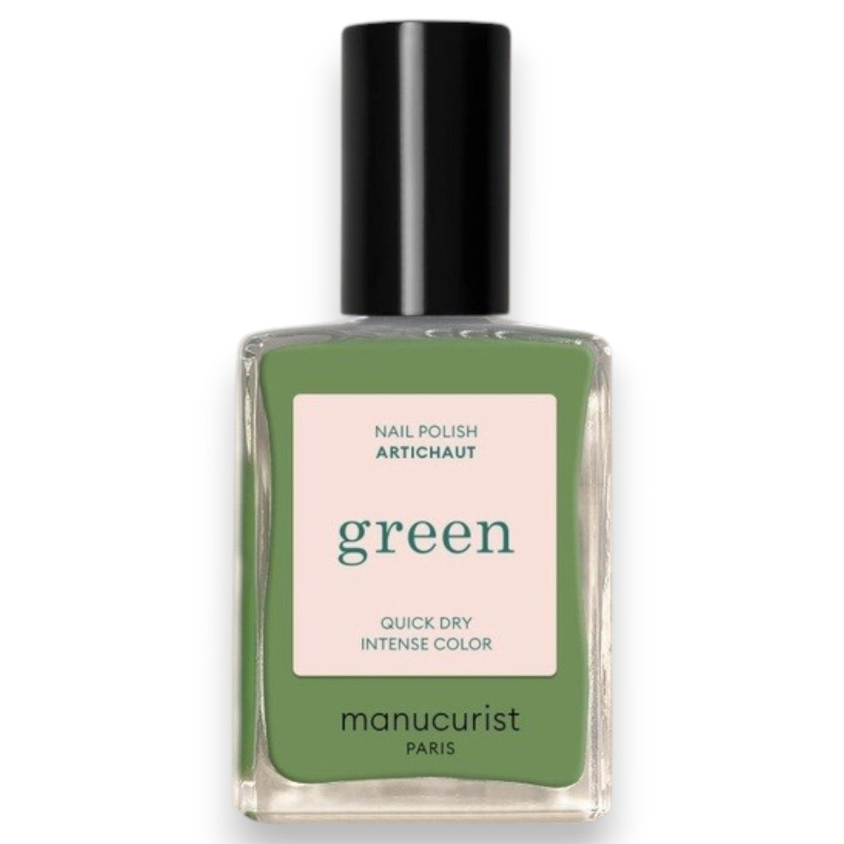 A bottle of MANUCURIST INC GREEN™ Nail Polish in the shade “Artichoke,” a green, quick-dry polish with intense color.