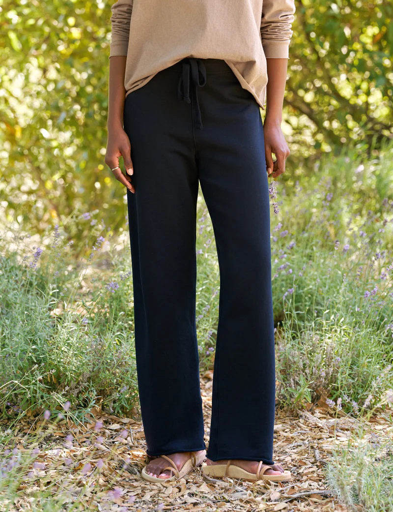 FRANK & EILEEN's CATHERINE 29" Full Length Sweatpant in British Royal Navy features a high-rise, wide-leg silhouette, elastic waistband with drawstring, and garment-dyed finish for a rich look. Shown flat on a white background.
