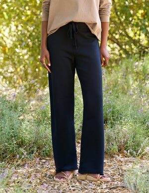 FRANK & EILEEN's CATHERINE 29" Full Length Sweatpant in British Royal Navy features a high-rise, wide-leg silhouette, elastic waistband with drawstring, and garment-dyed finish for a rich look. Shown flat on a white background.