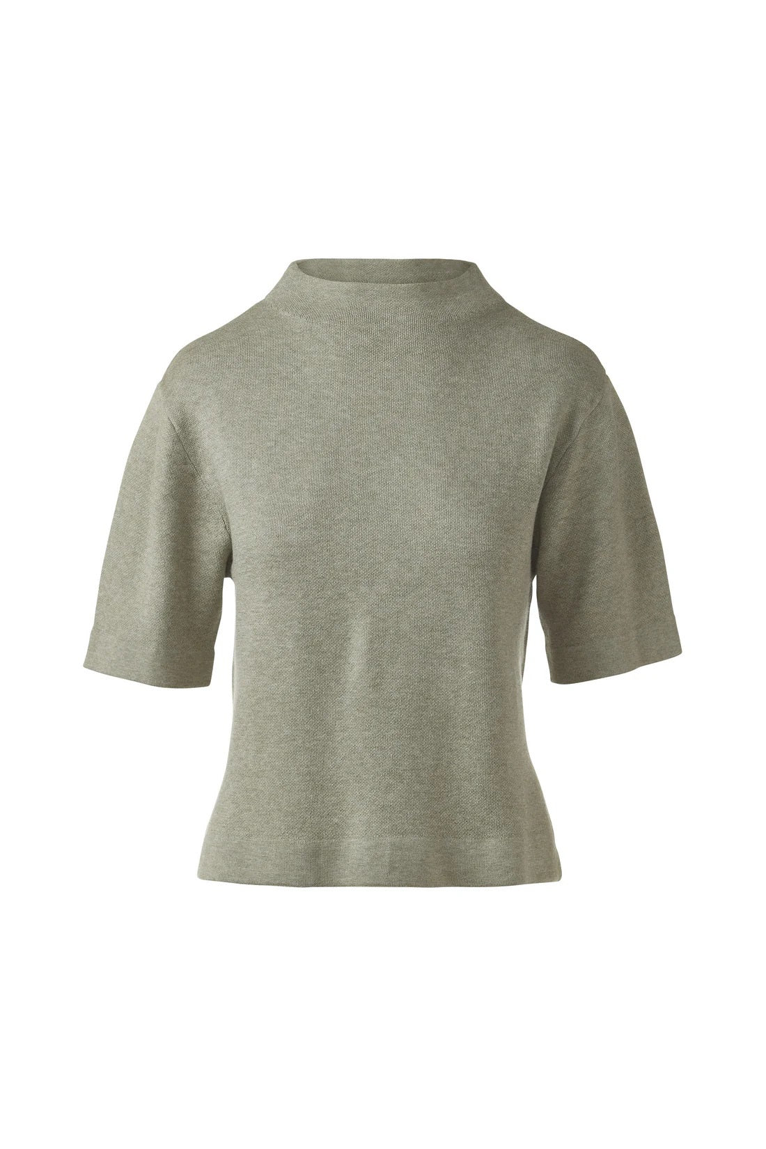 The KINROSS CASHMERE Easy Low Funnel Neck Cotton Sweater is a light gray, short-sleeve knit top in a soft cotton-cashmere blend with a high funnel neck and relaxed, slightly boxy fit. Shown from the back against a white background.