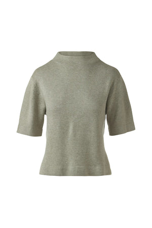 The KINROSS CASHMERE Easy Low Funnel Neck Cotton Sweater is a light gray, short-sleeve knit top in a soft cotton-cashmere blend with a high funnel neck and relaxed, slightly boxy fit. Shown from the back against a white background.