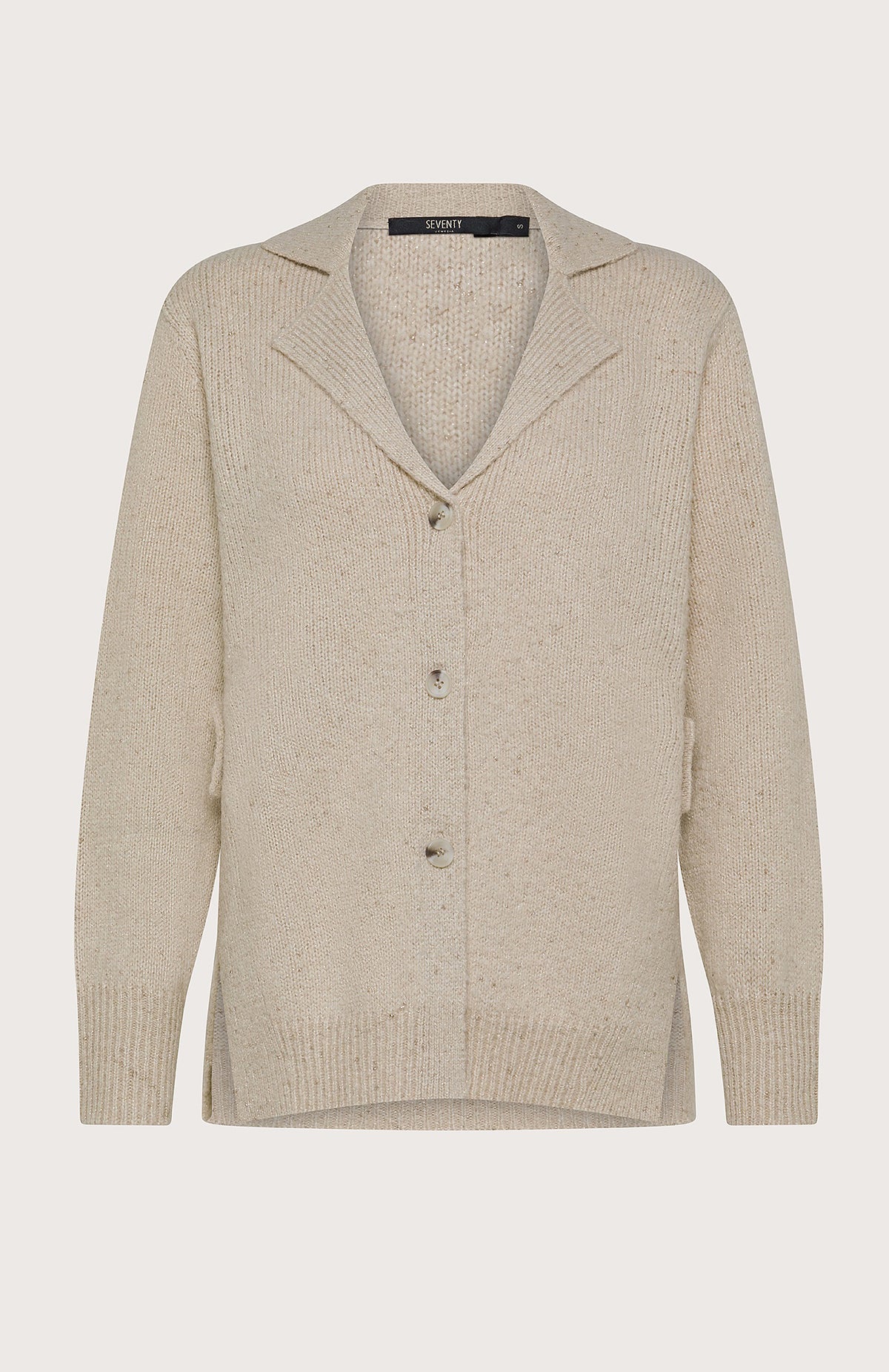 The SEVENTY VENEZIA - KNIT CARDIGAN by SEVENTY features a beige knit design with a notched collar, long sleeves, two front buttons, and a relaxed fit—an Italian-made versatile women’s piece for casual or semi-casual layering.