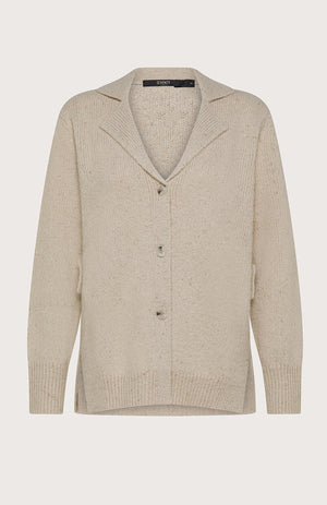 The SEVENTY VENEZIA - KNIT CARDIGAN by SEVENTY features a beige knit design with a notched collar, long sleeves, two front buttons, and a relaxed fit—an Italian-made versatile women’s piece for casual or semi-casual layering.