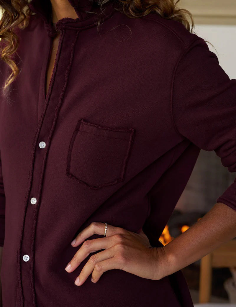 The FRANK &amp; EILEEN EILEEN Relaxed Button Up Shirt in Triple Fleece Currant features a relaxed fit, long sleeves, button-front design for a flattering bust, single chest pocket, and rolled cuffs, shown on a white background.