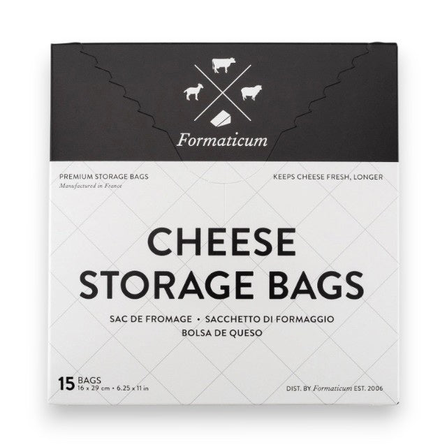 A white box labeled "FORMATICUM - CHEESE STORAGE BAGS" with cow, goat, and sheep icons. Includes 15 bags (6.25 x 11 in) for cheese storage at home; info available in multiple languages.