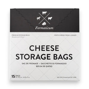 A white box labeled "FORMATICUM - CHEESE STORAGE BAGS" with cow, goat, and sheep icons. Includes 15 bags (6.25 x 11 in) for cheese storage at home; info available in multiple languages.