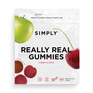 A 5.3 oz (150g) bag of SIMPLY GUM - REALLY REAL SOUR APPLE AND CHERRY GUMMIES features images of a green apple, red cherry, and gummies on the packaging. Made with natural ingredients and real fruit gummies, the package highlights that it is “sour,” “non-GMO,” contains “no corn syrup,” and has “no artificial flavors.”.