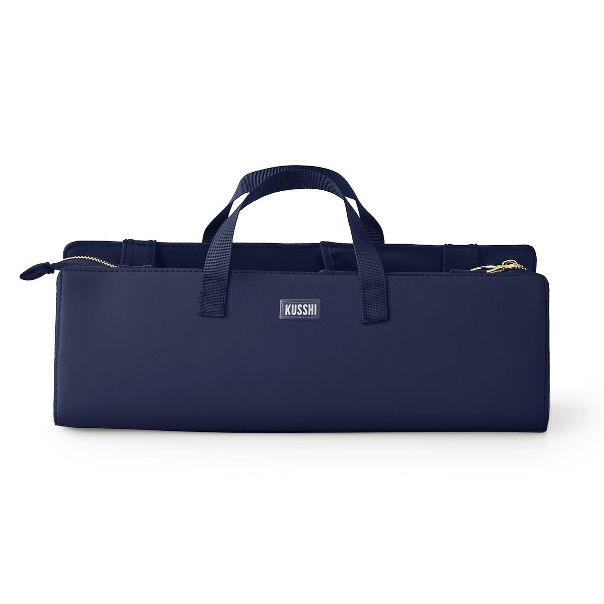 The KUSSHI - Hair Tools Travel Bag in Navy is a rectangular, heat-resistant case with zipper closure, small carrying handles, and the KUSSHI label on the front.