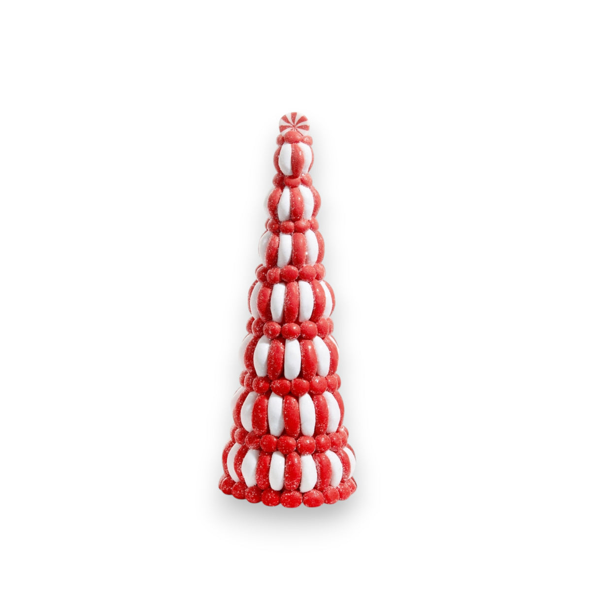 The PEPPERMINT TREE - MEDIUM by RAZ IMPORTS is a 13-inch clay dough cone, decorated with red and white stripes and topped with a red flower, resembling a festive, candy-themed Christmas tree.