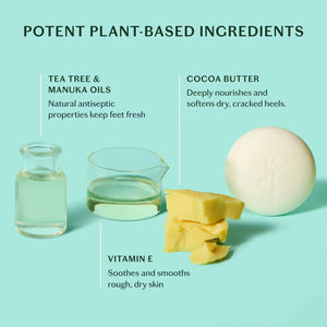 A person uses KATE MCLEOD’s THE FOOT STONE SOLID FOOT MOISTURIZER on their foot, holding the off-white round bar with one hand while the other rests on their ankle. The solid beige background emphasizes care for dry, cracked heels.