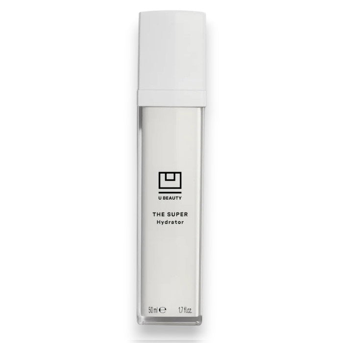 A tall, rectangular white bottle of U Beauty THE SUPER HYDRATOR 15ML, a hyaluronic acid moisturizer with minimalist black text and white cap, delivers intense hydration for up to 48 hours in every 15ml (0.5 fl oz) bottle.