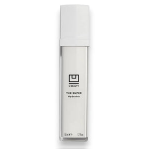 A tall, rectangular white bottle of U Beauty THE SUPER HYDRATOR 15ML, a hyaluronic acid moisturizer with minimalist black text and white cap, delivers intense hydration for up to 48 hours in every 15ml (0.5 fl oz) bottle.