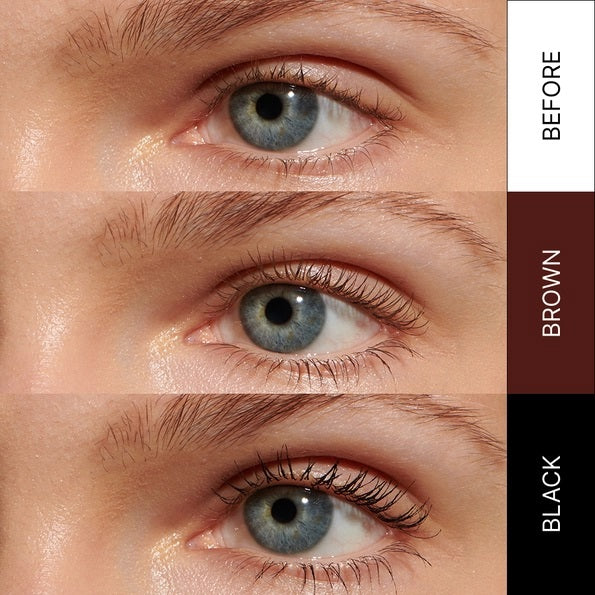 Three close-up shots of a blue eye: lashes with no mascara (before), lashes enhanced with MINORI - MOTHER OF LASHES MASCARA, BROWN by MINORI, and lashes with black mascara, highlighting the color and definition differences.