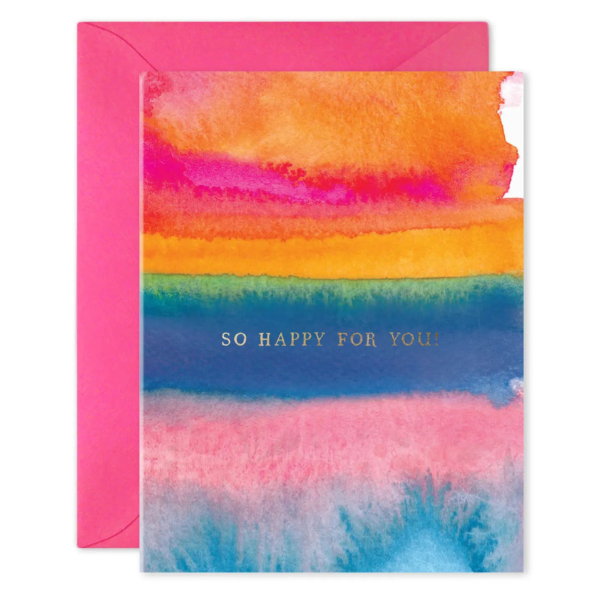 The E. FRANCES - SO HAPPY FOR YOU CARD by E. FRANCES PAPER features a colorful watercolor design and gold foil &quot;SO HAPPY FOR YOU!&quot; text, paired with a bright pink envelope for a cheerful touch.