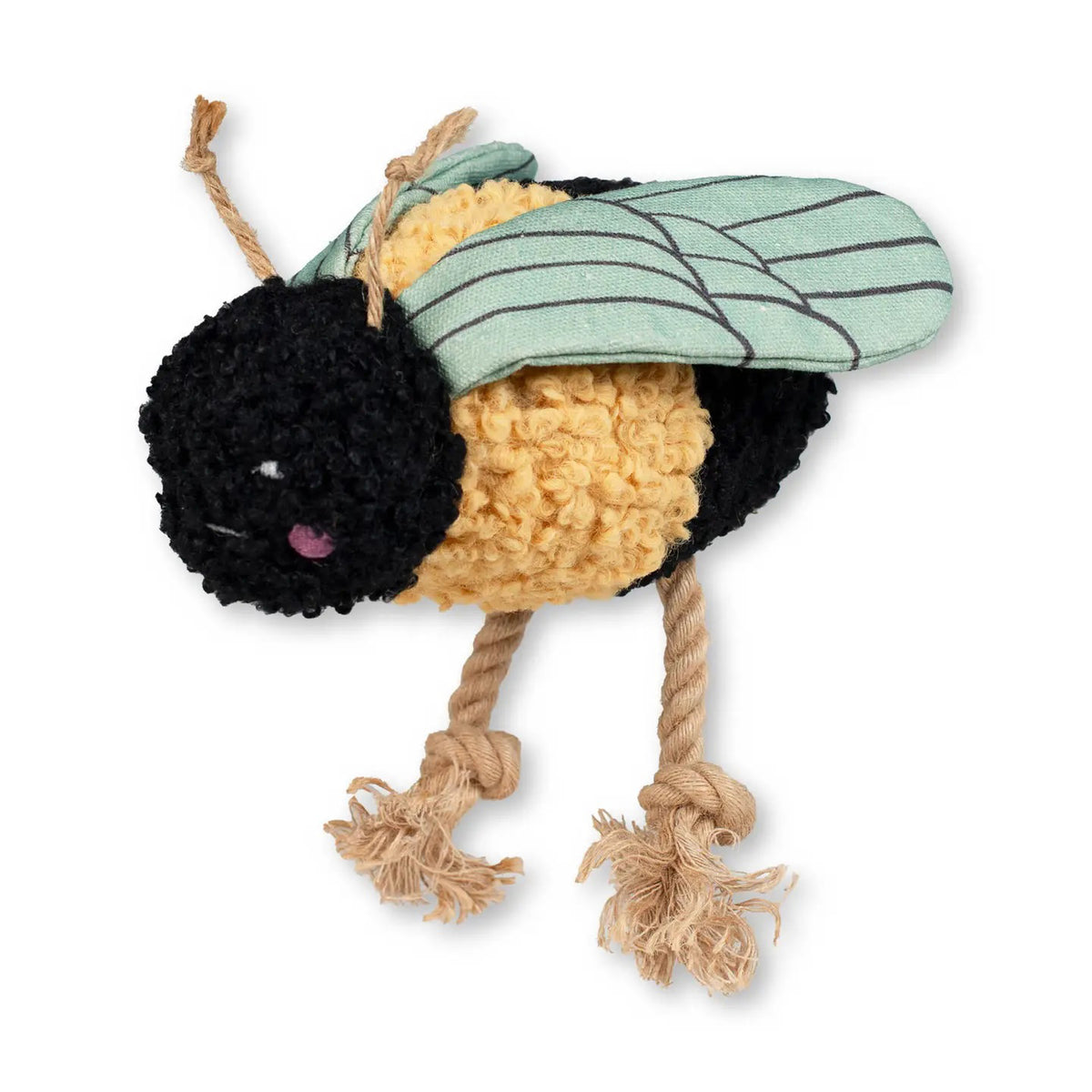 The PET SHOP BY FRINGE STUDIO's Ms. Mrs. Bee Dog Toy features a fluffy black face, yellow body, light green wings with black veins, jute rope legs with knotted ends, simple eyes, and a pink mouth. Inside, a squeaker adds delight for your pet's entertainment.
.