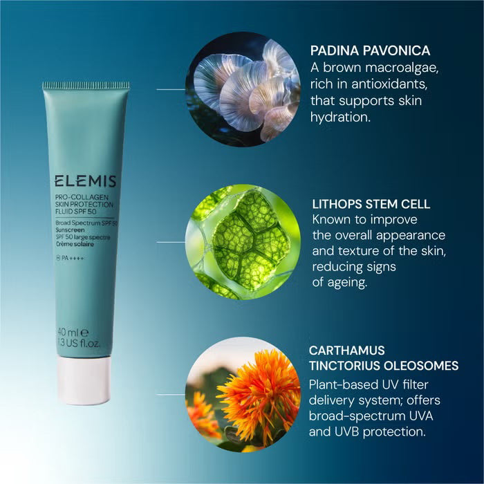 A light blue tube of ELEMIS - PRO-COLLAGEN SKIN PROTECTION FLUID SPF50 from ELEMIS - STEINER is centered on a white background, showcasing its broad-spectrum sunscreen properties, marine algae infusion, and 40ml size for effective skin coverage.
