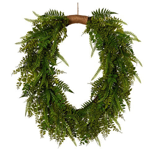 The FAUX FERN WREATH by RAZ IMPORTS is made from lush, dense green ferns and twigs elegantly shaped into an oval with a brown twine loop for easy hanging. It's available for in-store pickup and adds a natural, vibrant touch to any space.