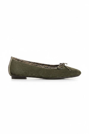 The REQINS “Harmony Suede Ballerina Flats with Python Trim in Khaki Foncé” are displayed in profile on a white background, featuring green suede material, a small bow on the toe, braided trim around the opening, and a subtle python-print accent.
