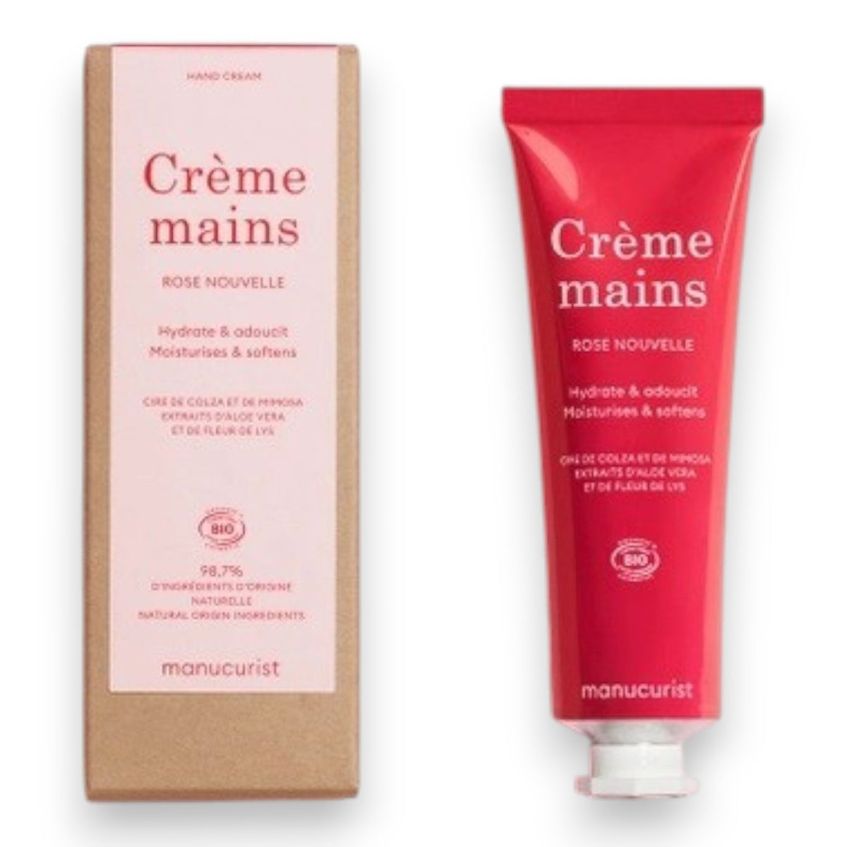 With perfectly manicured nails, a person applies MANUCURIST - COSMOS ORGANIC HAND CREAM, ROSE NOUVELLE from MANUCURIST INC to the back of their hand against a soft pink background, emphasizing the importance of caring for hands and nails.