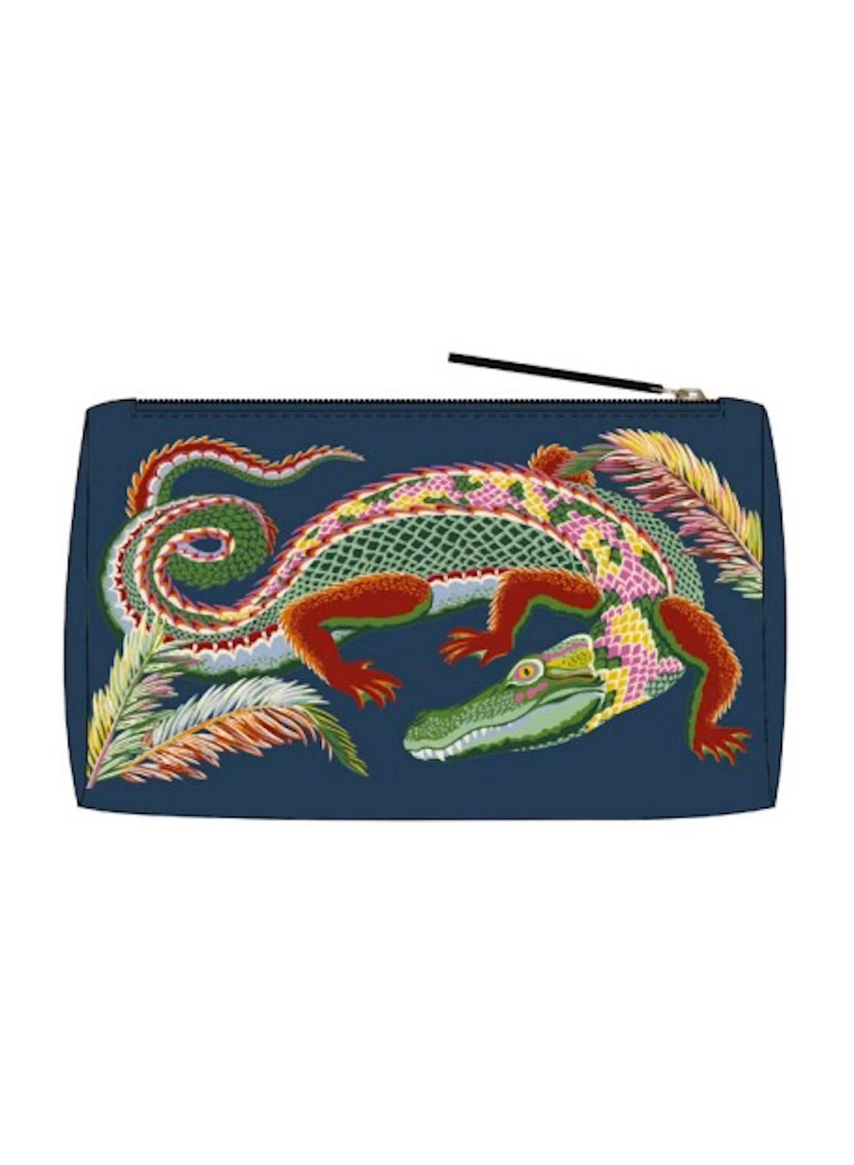 Introducing the INOUI EDITIONS - CROCO SMALL COSMETIC POUCH by INOUI, a navy blue zippered nylon pouch adorned with a colorful, embroidered alligator motif framed by decorative pink, brown, and green leaves. Made in India, this stylish accessory seamlessly blends functionality with vibrant design.