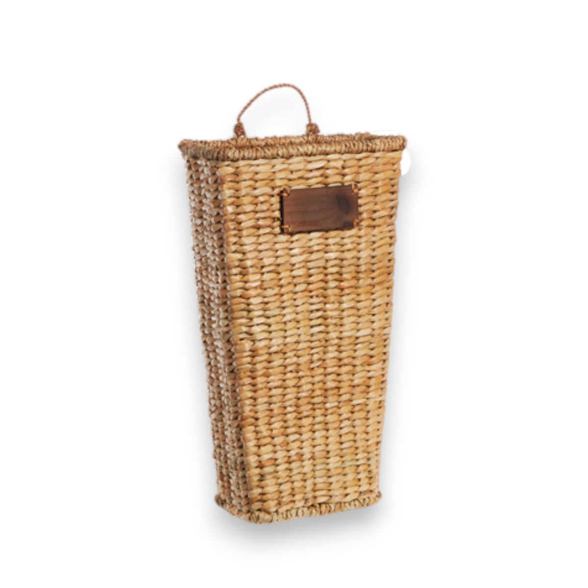 Image of the WALL BASKET - SMALL by RAZ IMPORTS. This tall, rectangular wicker basket showcases a tightly woven design. It features a small handle at the top and a slotted opening on one side. The light brown wicker is complemented by a slightly darker wooden accent around the slotted opening, making it perfect for decorative use in any home setting.