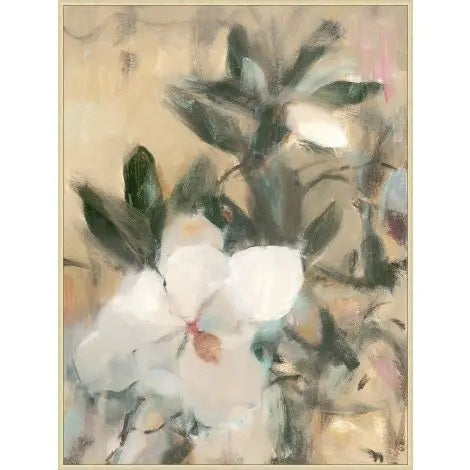 MAGNOLIA BLOSSOM 1 ARTWORK by WENDOVER features a soft, abstract depiction of white magnolia flowers with green leaves set against a muted beige background. Gentle brushstrokes and a dreamy, impressionistic style create an elegant atmosphere. Presented as a framed giclée in an antique silver frame, this timeless piece brings refined beauty to any décor.