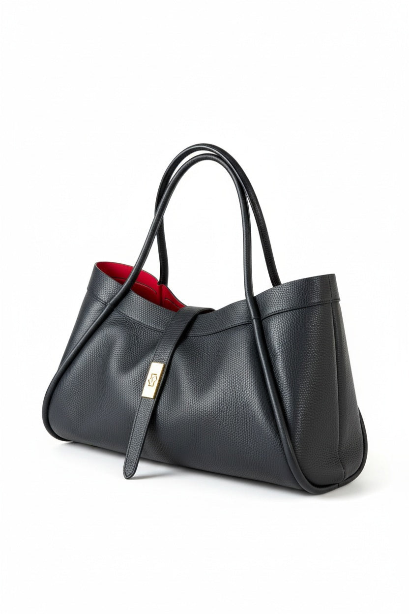 THE PORTICO LEATHER HANDBAG IN NAVY made of navy blue suede with long handles, a central gold-tone metal clasp, and a contrasting red interior lining.