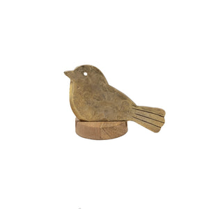 The HAND-FORGED METAL BIRD-SHAPED CHEESE KNIFE WITH MANGO WOOD STAND from CREATIVE COOP features a charming, simple bird design on a round wooden base, shown against a plain white background.