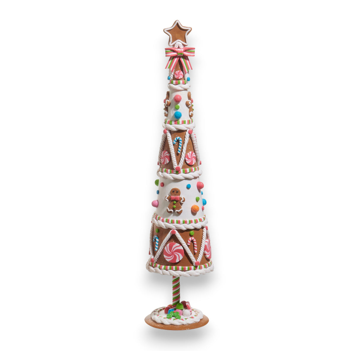 The GINGERBREAD TREE by RAZ IMPORTS is a 4.5&quot;D x 18&quot;H PVC cone-shaped Christmas decoration, adorned with icing, candies, peppermint swirls, and topped with a star cookie on a candy-covered base.