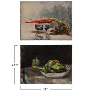 VEGETABLE STILL LIFE ON CANVAS by CREATIVE COOP features three carrots with leafy tops in a white and blue ceramic bowl on a light surface—ideal rustic kitchen artwork or charming farmhouse wall décor.