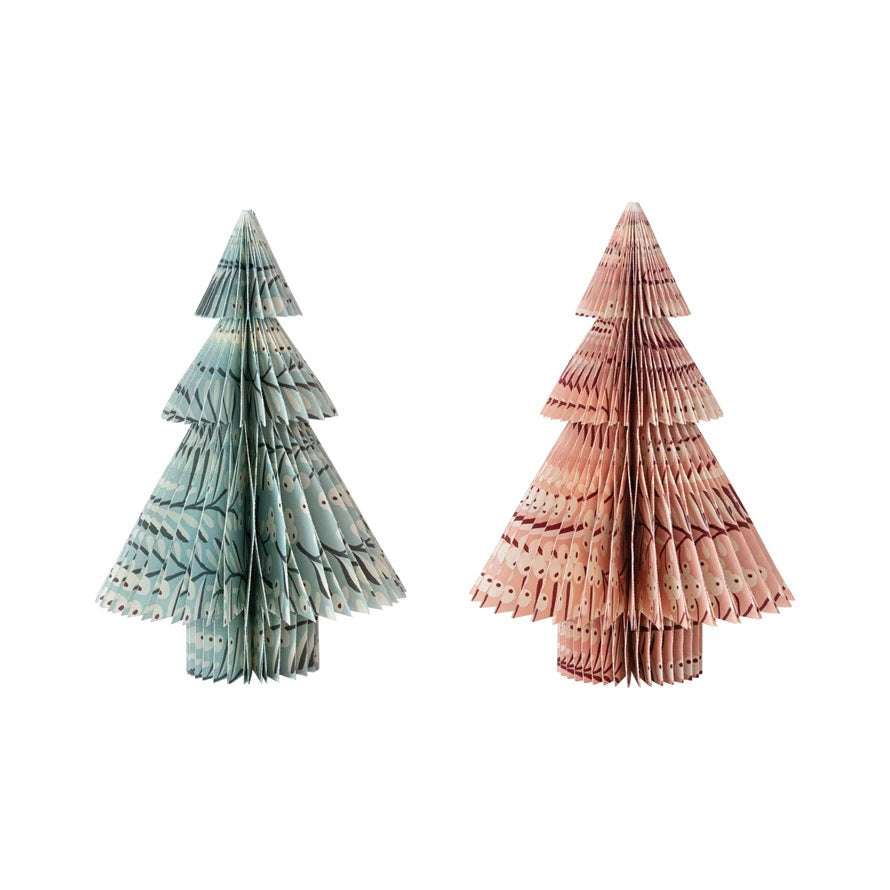 Two CREATIVE COOP PRINTED PAPER HONEYCOMB TREES with berry patterns, featuring layered, folded designs in light blue and light pink, stand on a white background.