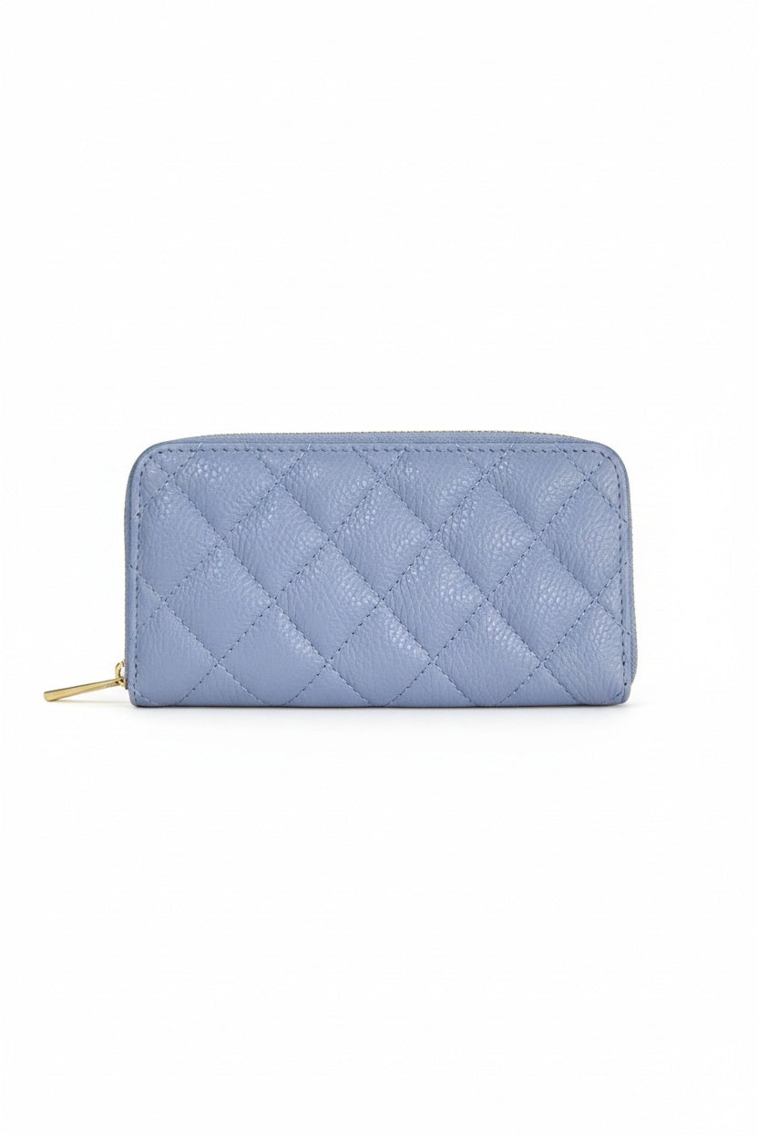 A light blue LE BORSETTE LEATHER QUILTED WALLET with diamond stitching on a white background features a zip-around closure, gold zipper pull, and multiple card slots.