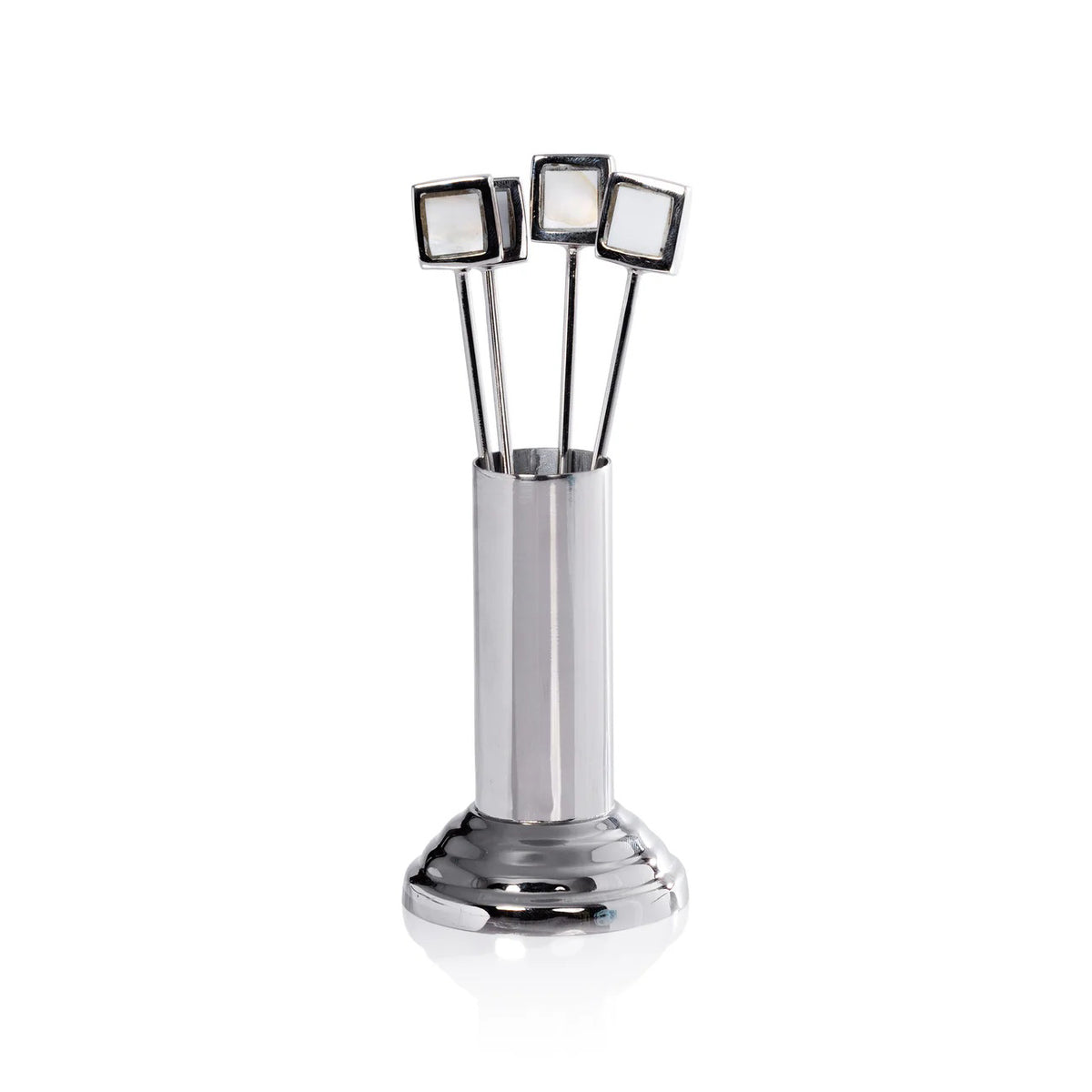 The ZODAX SPIGA COCKTAIL PICKS WITH STAND includes 4 brass alloy picks with square handles in a shiny silver 2x2x5-inch holder, set against a white background.