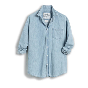 The FRANK & EILEEN LUKE Men's Button Up Shirt in Famous Denim Classic Wash features light blue 100% cotton denim, a loose fit, straight hem, and rolled long sleeves. Displayed from the back against a white background.