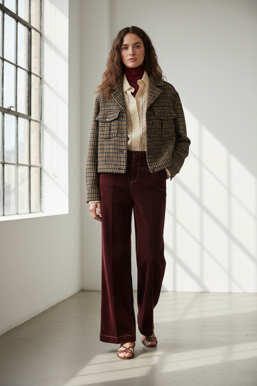 A woman stands indoors in front of tall windows, wearing a plaid jacket, a cream turtleneck, and the MOMONI EDIMBURGO Pant in Burgundy by MOMONI—flair trousers with a low-rise waist—paired with brown heeled shoes. Urban buildings are visible outside.