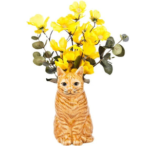 The QUAIL DESIGNS VINCENT FLOWER VASE by Quail Ceramics features an orange tabby cat with detailed stripes, sitting upright and facing forward with a calm expression and large, round eyes.