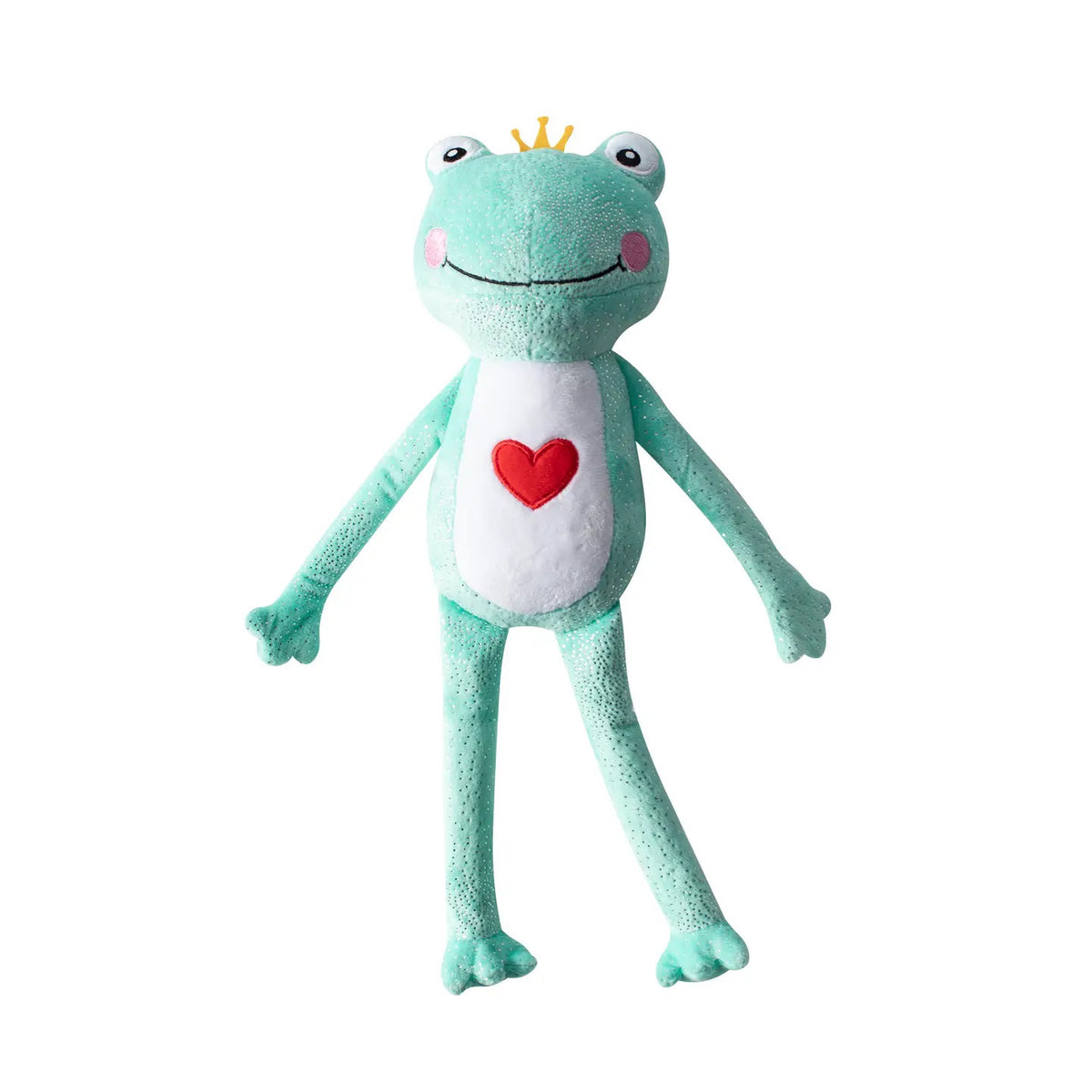 The PET SHOP BY FRINGE STUDIO&#39;s PRINCE CHARMING DOG TOY is a plush frog with a yellow crown, white belly, red heart on its chest, long limbs, and a smiling face. It includes crazy crinkle paper for extra fun.