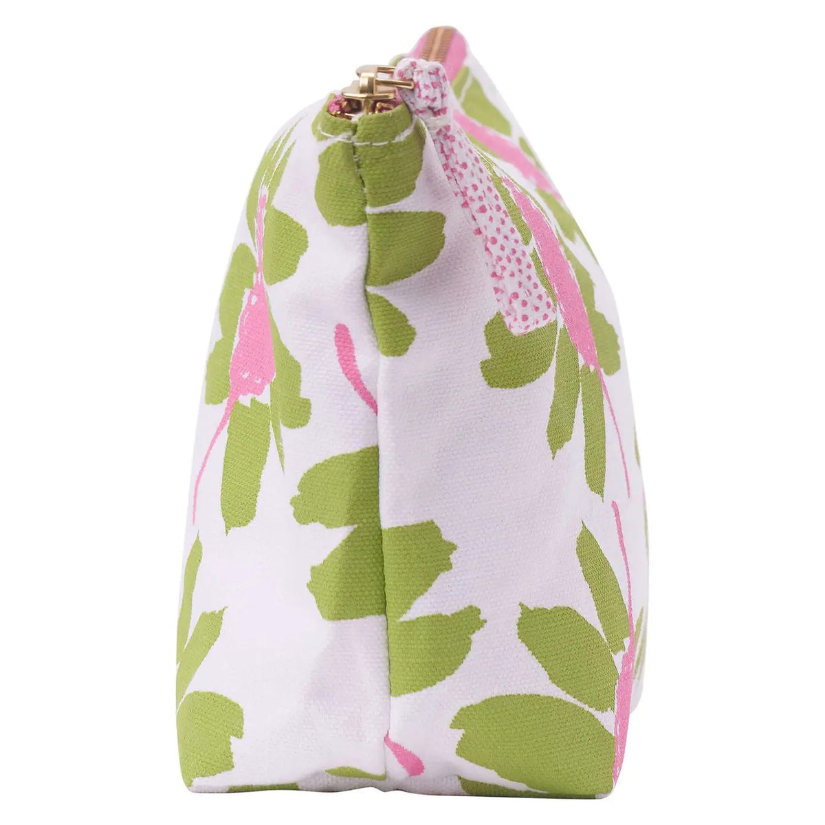 The ROCKFLOWERPAPER - CALLIE LIME POUCH is a small zippered cotton canvas pouch with a white background and a green leaf and pink flower pattern—ideal for organizing your essentials.