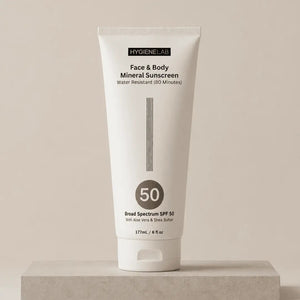 HYGIENELAB - FACE & BODY MINERAL SUNSCREEN, in a white tube, offers broad-spectrum SPF 50 sun protection with 80 minutes of water resistance. Enhanced with soothing aloe vera and nourishing shea butter, this zinc oxide sunscreen comes in a generous 177 mL (6 fl oz) size.